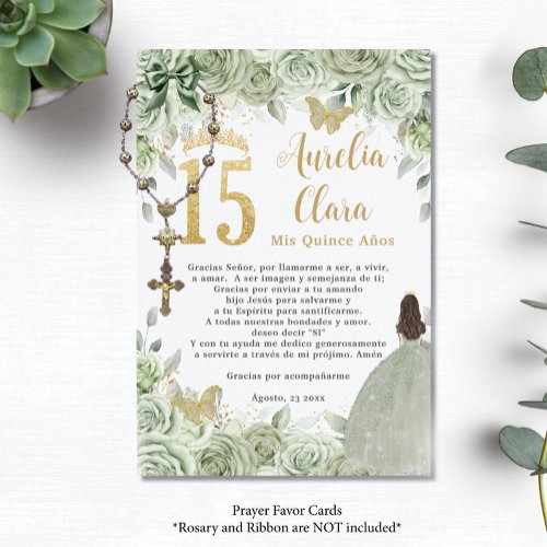 Sage Green Floral Gold Quincea&#241;era 15 Prayer Card