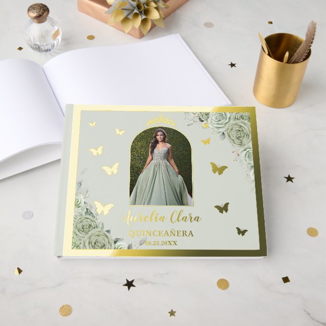 Sage Green Floral Gold Quinceañera 15 Quince Photo Foil Guest Book (Front Open)