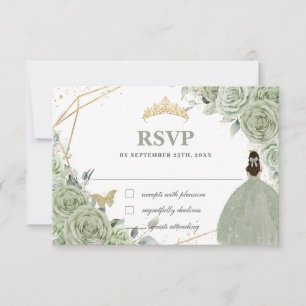 Sage Green Floral Gold Quinceañera Princess Gown RSVP Card