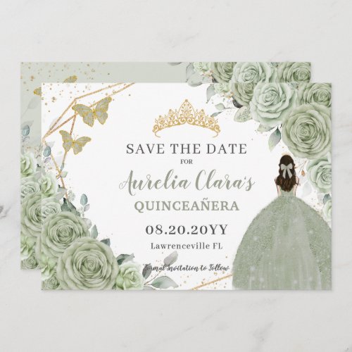 Sage Green Floral Gold Quinceanera Sweet Sixteen Save The Date
