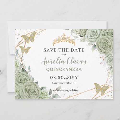 Sage Green Floral Gold Quinceanera Sweet Sixteen Save The Date