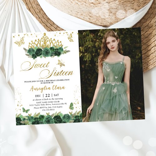 Sage Green Floral Gold Sweet sixteen 16 Birthday Invitation