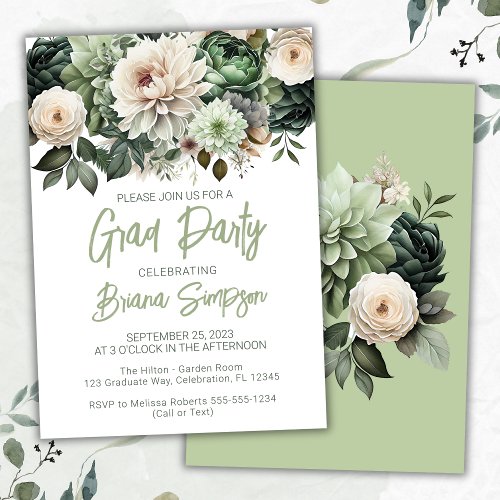 Sage Green Floral Graduation Grad Party Invitation