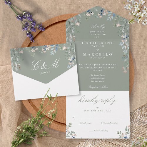 Sage Green Floral Greenery Cascade Wedding All In One Invitation