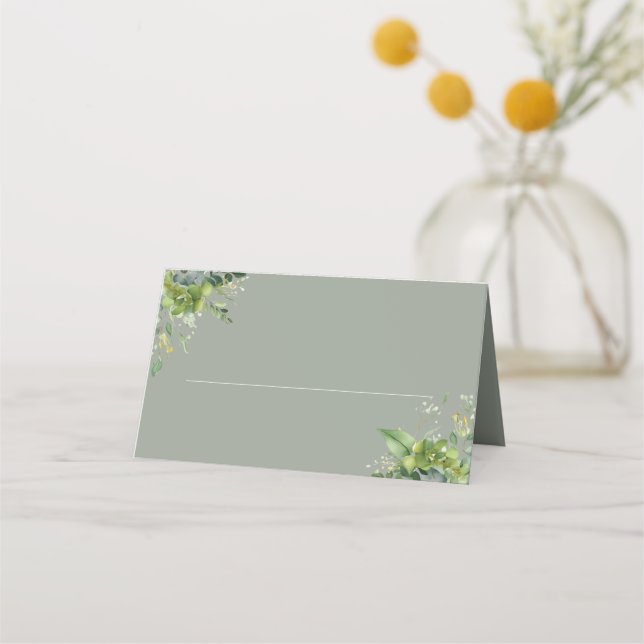Sage Green Floral Greenery Elegant Wedding Place Card (Front)
