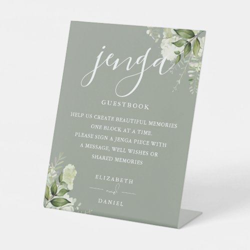 Sage Green Floral Greenery Jenga Wedding Guestbook Pedestal Sign