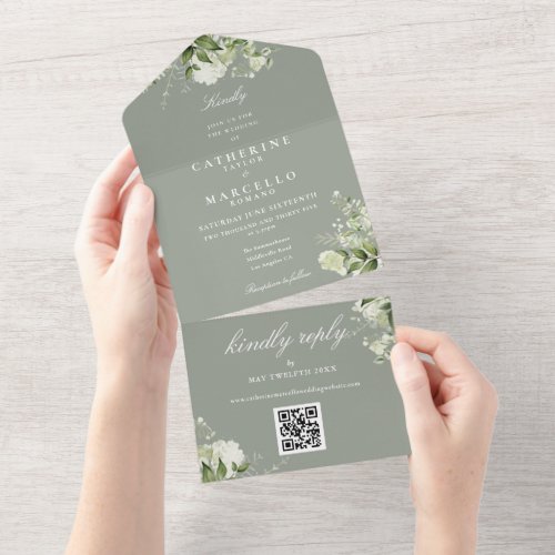 Sage Green Floral Greenery QR Code Wedding All In One Invitation
