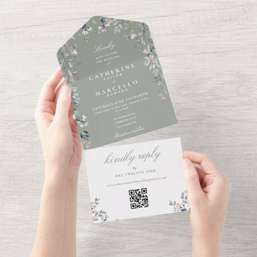 Sage Green Floral Greenery QR Code Wedding All In One Invitation