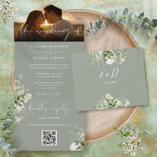 Sage Green Floral Greenery QR Code Wedding Photo All In One Invitation