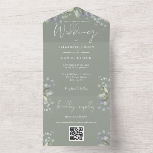 Sage Green Floral Greenery Script QR Code Wedding All In One Invitation