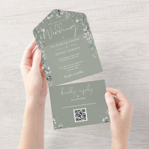 Sage Green Floral Greenery Script QR Code Wedding All In One Invitation