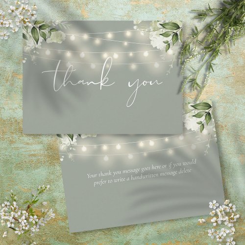Sage Green Floral Greenery String Lights Thank You Card