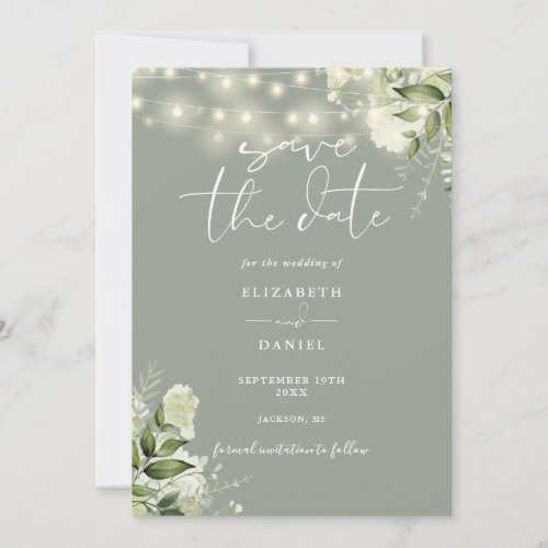 Sage Green Floral Greenery String Lights Wedding Save The Date