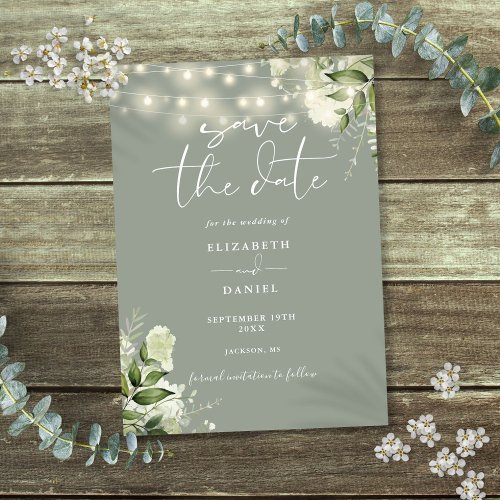 Sage Green Floral Greenery String Lights Wedding Save The Date