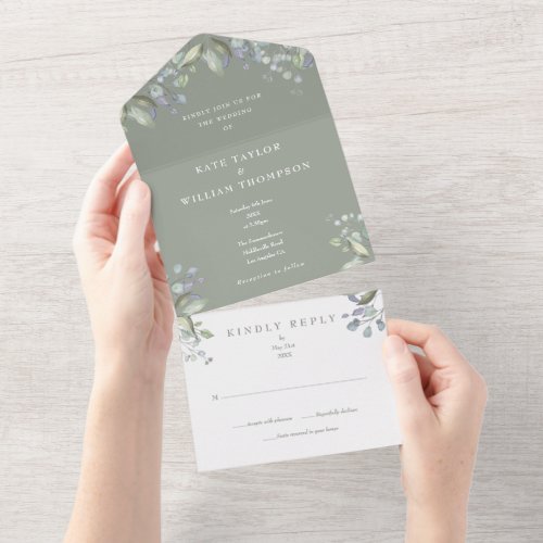 Sage Green Floral Greenery Wedding All In One Invitation