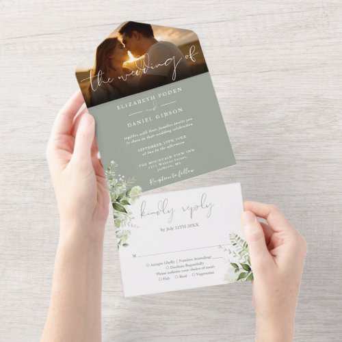 Sage Green Floral Greenery Wedding Photo All In One Invitation