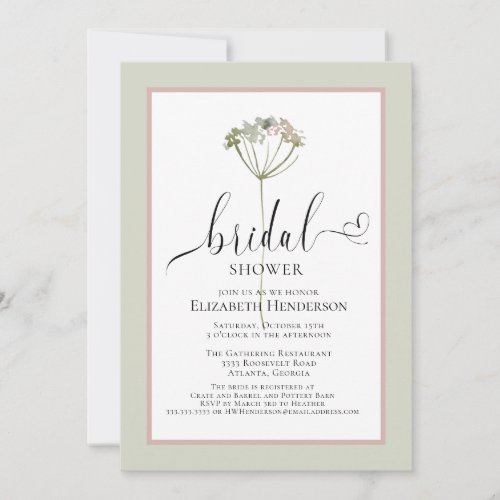 Sage Green Floral Heart Script Bridal Shower Invitation