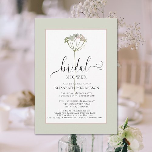 Sage Green Floral Heart Script Bridal Shower Invitation