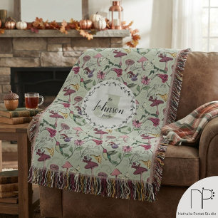 Sage Green Floral Hummingbird Family Name Throw Blanket