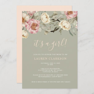 Sage Green Floral It's a Girl Baby Shower  Invitation