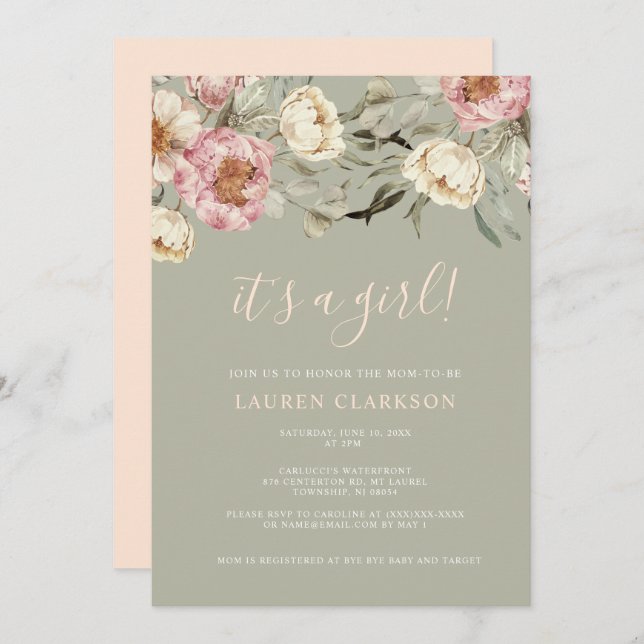 Sage Green Floral It's a Girl Baby Shower  Invitation (Front/Back)