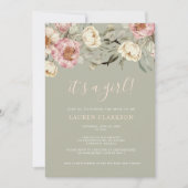 Sage Green Floral It's a Girl Baby Shower  Invitation (Front)