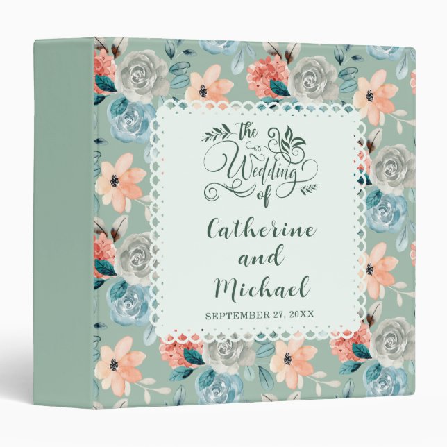 Sage Green Floral Lace Elegant Wedding Calligraphy 3 Ring Binder (Front/Spine)