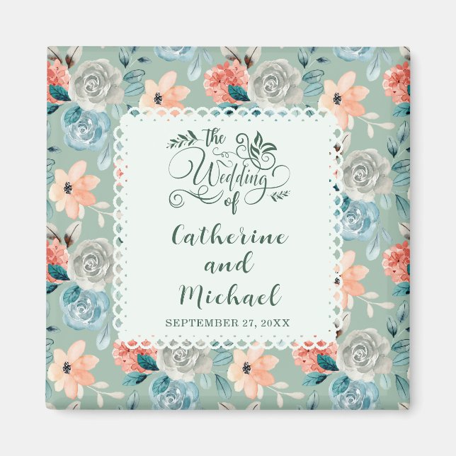 Sage Green Floral Lace Elegant Wedding Calligraphy Magnet (Front)