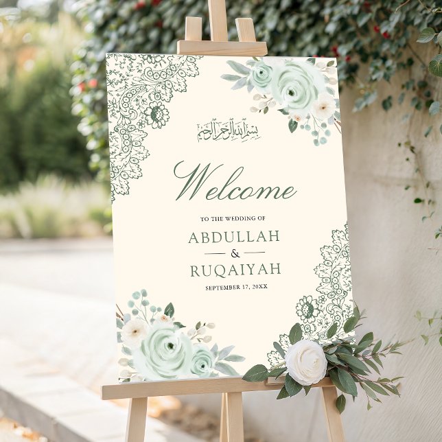 Sage Green Floral Lace Muslim Wedding Welcome Sign (Creator Uploaded)