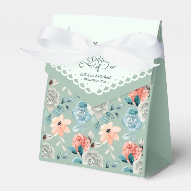 Sage Green Floral Lace Wedding Calligraphy  Favor Boxes (Front Side)