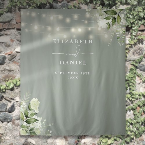 Sage Green Floral Lights Wedding Photo Backdrop