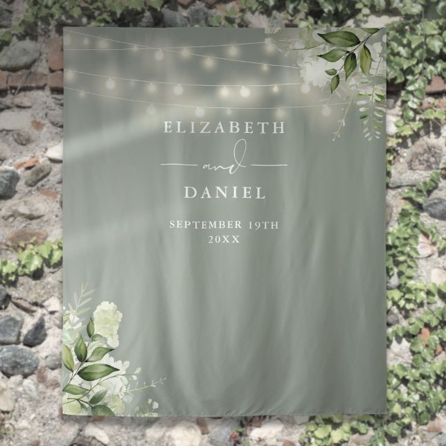Sage Green Floral Lights Wedding Photo Backdrop (Sage Green Floral Lights Wedding Photo Backdrop)