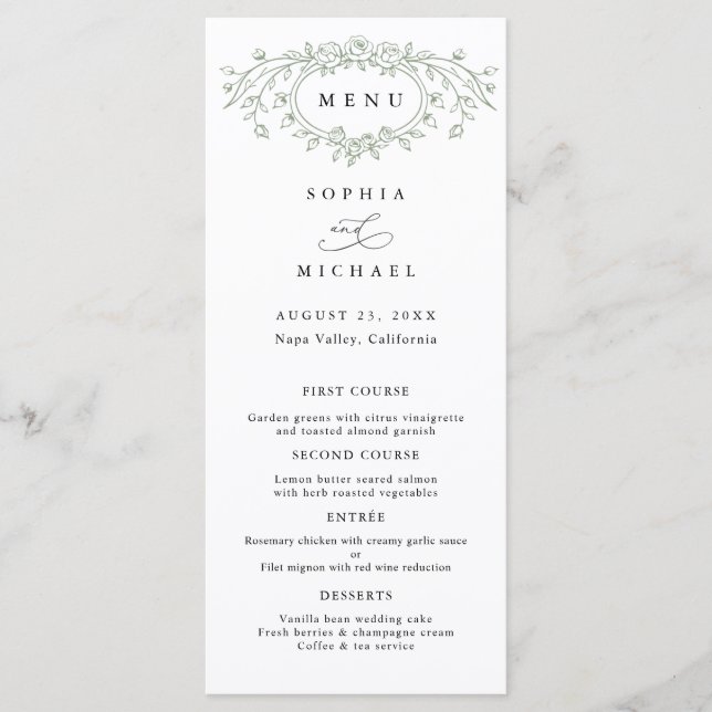 Sage Green Floral Line Art Wedding Flat Menu (Front)
