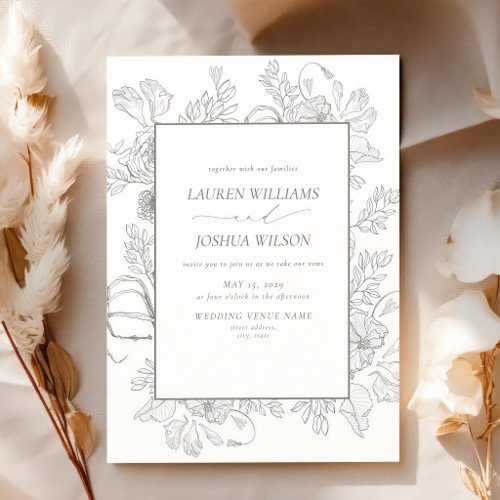 Sage Green Floral Line Art Wedding Invitation