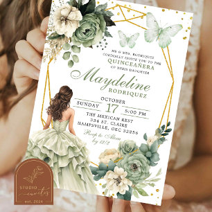 Sage Green Floral Mexican Princess Quinceanera Invitation
