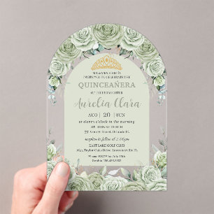 Sage Green Floral Modern Arch Gold Quinceanera Acrylic Invitations