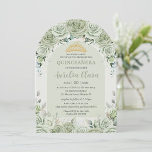 Sage Green Floral Modern Arch Gold Quinceanera Invitation