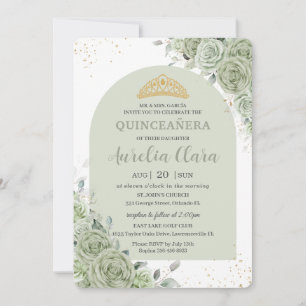 Sage Green Floral Modern Arch Gold Quinceanera Invitation