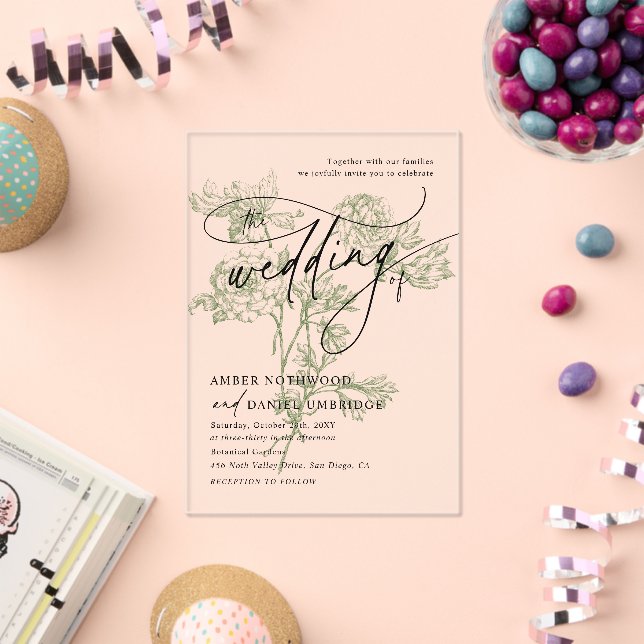 Sage Green Floral Modern Calligraphy Wedding Acrylic Invitations (Insitu (Celebration))