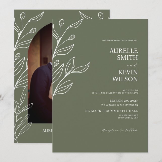 Sage Green Floral Modern Minimalist Wedding Invitation (Front/Back)