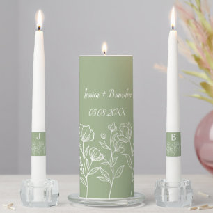 Sage Green Floral Monogram Classic Elegant Unity Candle Set