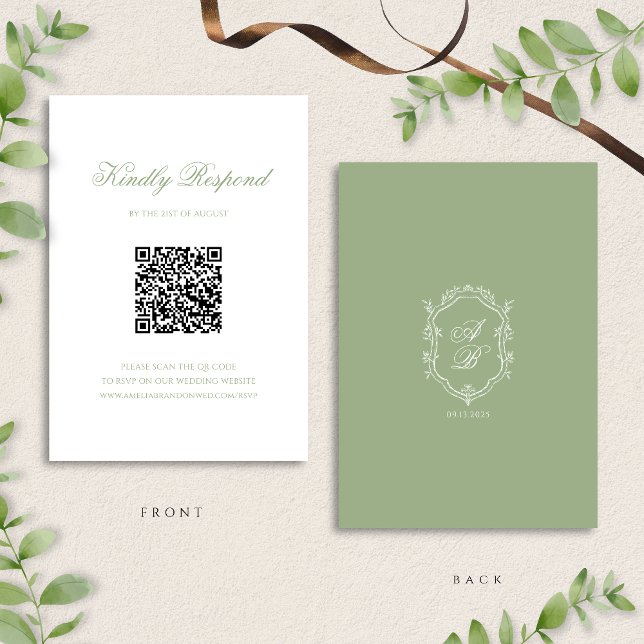Sage Green Floral Monogram Crest Wedding QR Code RSVP Card (Creator Uploaded)