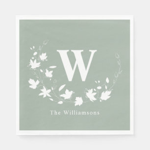 Sage Green Floral Monogram Custom Family Name Napkins