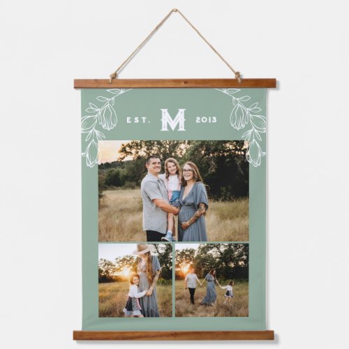 Sage Green Floral Monogram Family Photo Collage Hanging Tapestry