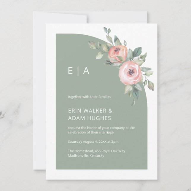 Sage Green Floral Monogram Half Arch Wedding Invitation (Front)