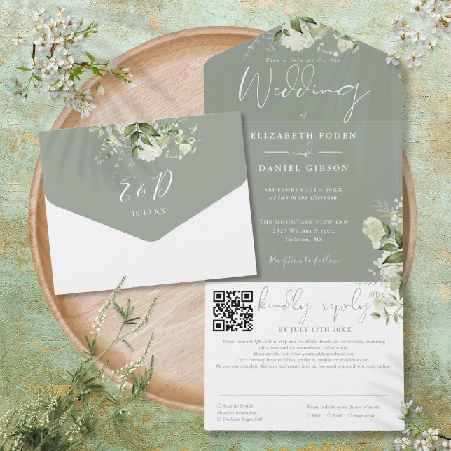 Sage Green Floral Monogram QR Code Wedding All In One Invitation (Sage Green Floral Monogram QR Code Wedding All In One Invitation)