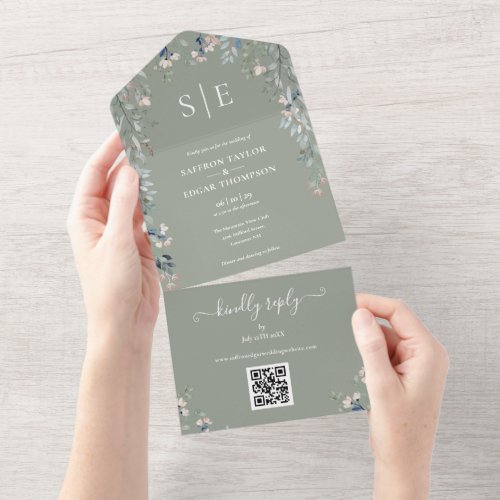 Sage Green Floral Monogram QR Code Wedding All In One Invitation