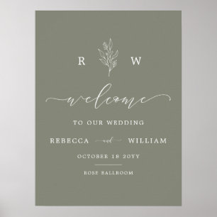 Sage Green Floral Monogram Script Welcome Wedding Poster
