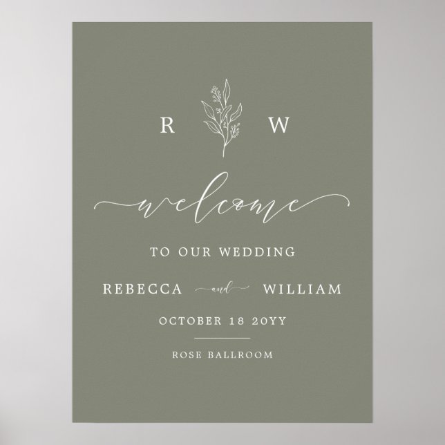 Sage Green Floral Monogram Script Welcome Wedding Poster (Front)