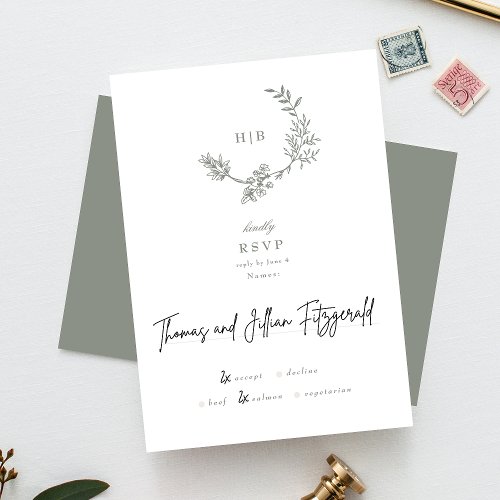 Sage Green Floral Monogram Sketched Wreath Wedding RSVP Card